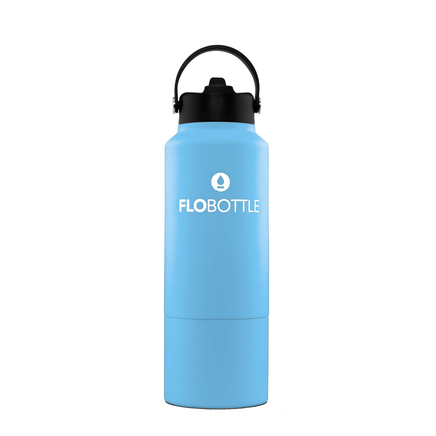 blue stainless steel water bottle with ez boot