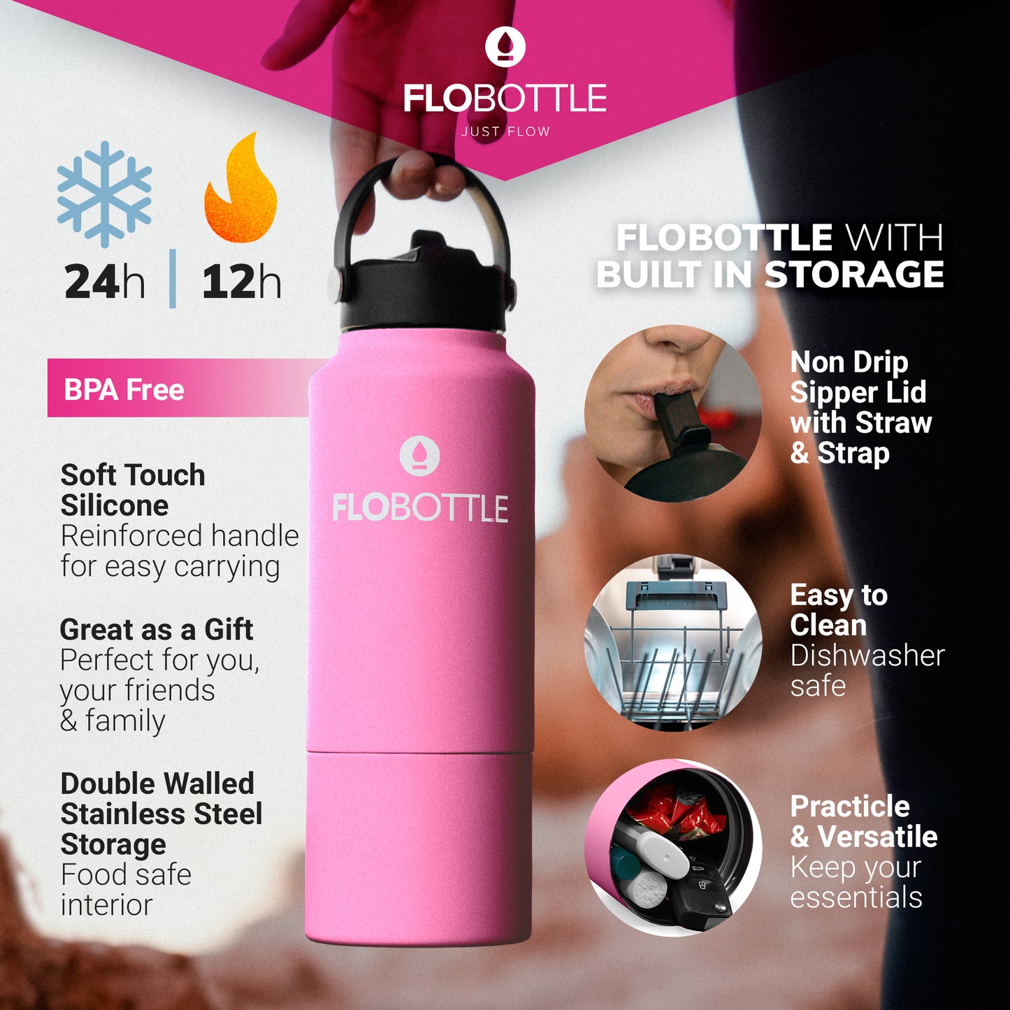 Blissful Pink - Water Bottle with Storage